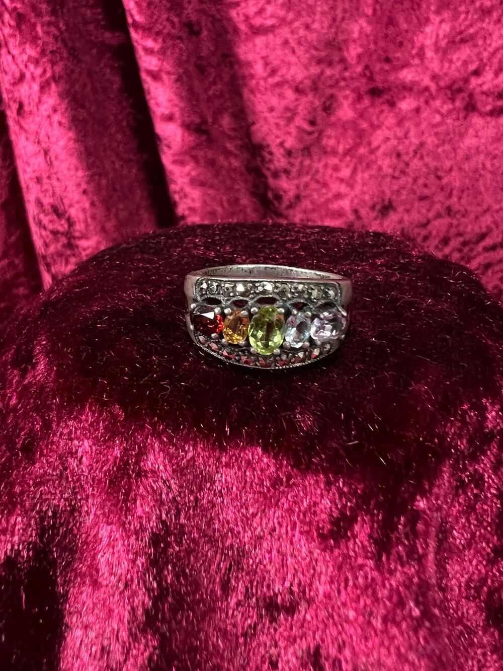 Vintage Sterling Silver Chunky Ring - Multi Gemstone Marcasite Band - Size 9.25
